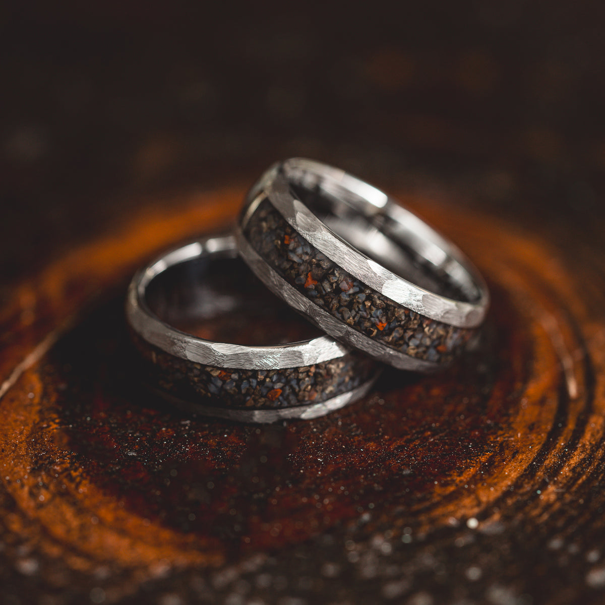 "HellCreek Ember"  Dinosaur Bone x Hammered Tungsten Carbide- Silver