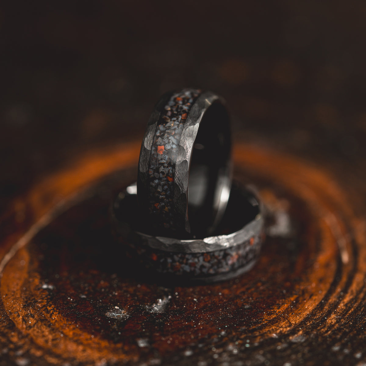 "HellCreek Ember"  Dinosaur Bone x Hammered Tungsten Carbide- Black