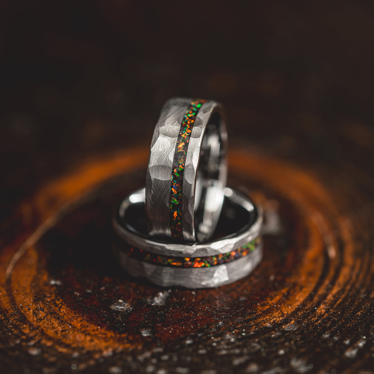 "Fire Root"  Rasta Opal x Brushed Hammered Tungsten Carbide- Silver