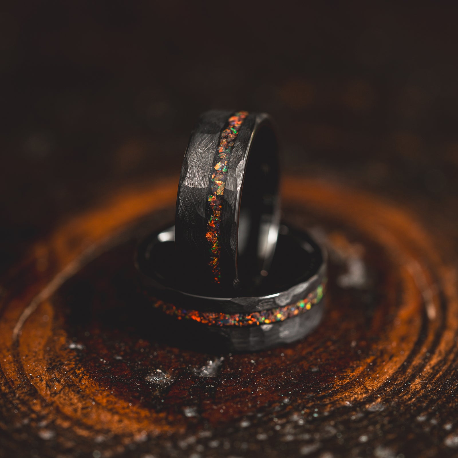 "Fire Root"  Rasta Opal x Brushed Hammered Tungsten Carbide- Black
