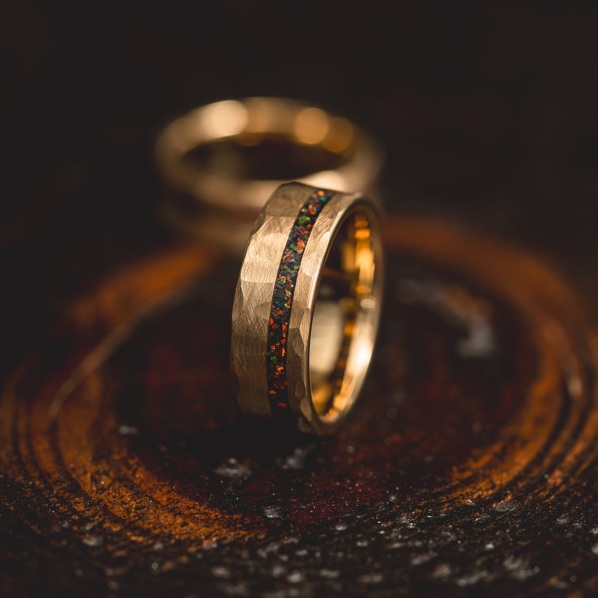 "Fire Root"  Rasta Opal x Brushed Hammered Tungsten Carbide- Gold