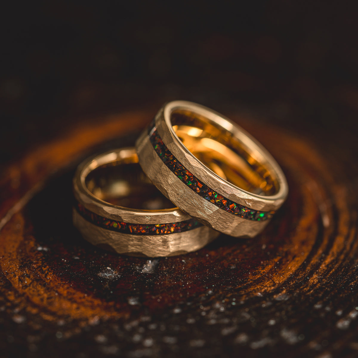 "Fire Root"  Rasta Opal x Brushed Hammered Tungsten Carbide- Gold