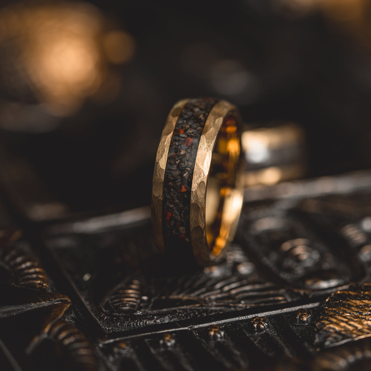 "HellCreek Ember"  Dinosaur Bone x Hammered Tungsten Carbide- Gold