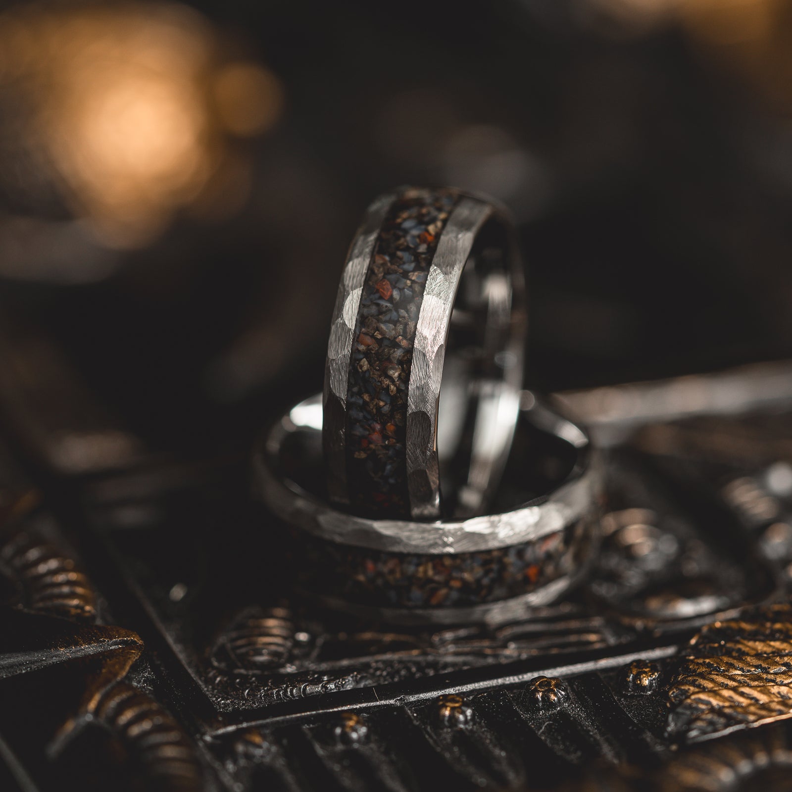 "HellCreek Ember"  Dinosaur Bone x Hammered Tungsten Carbide- Silver