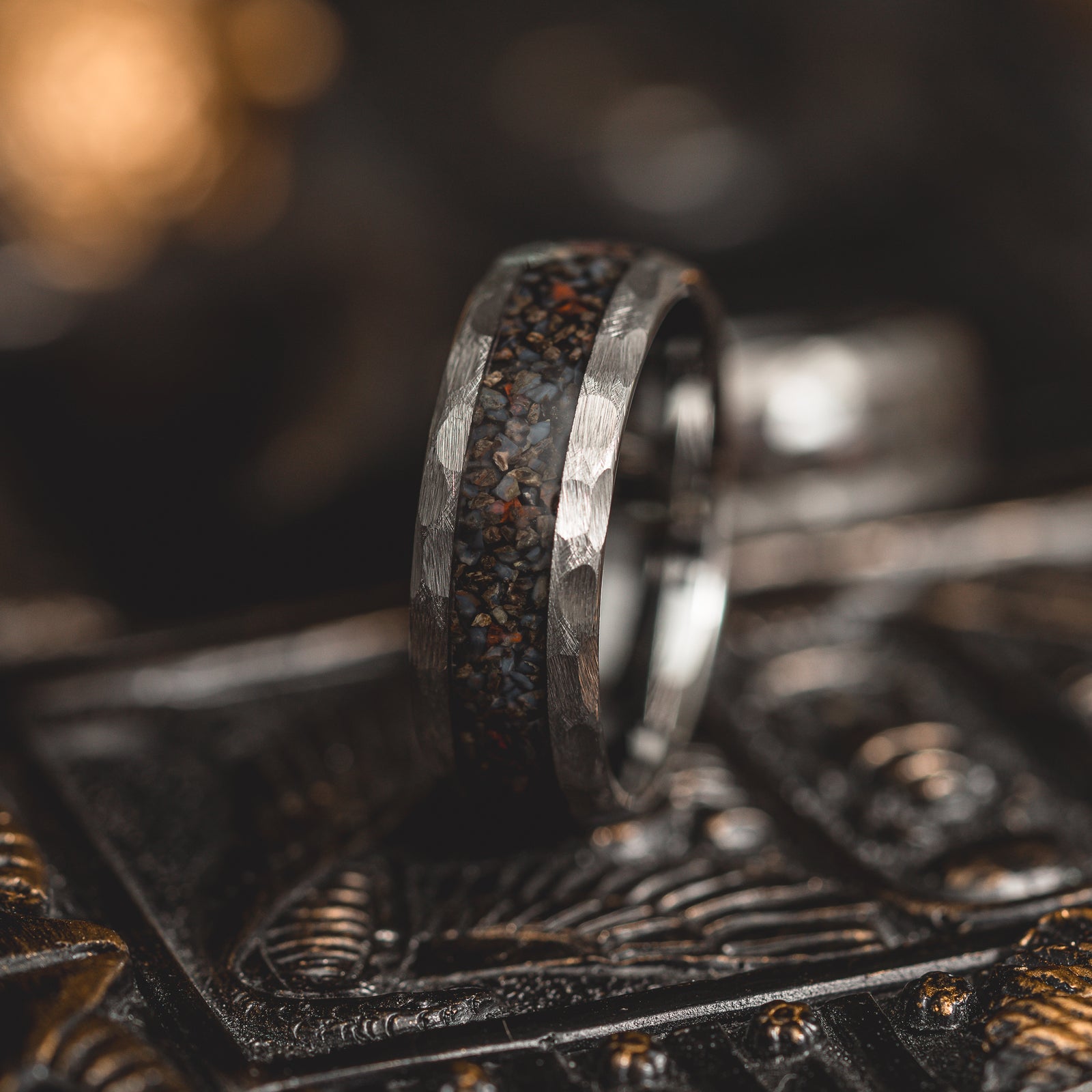 "HellCreek Ember"  Dinosaur Bone x Hammered Tungsten Carbide- Silver