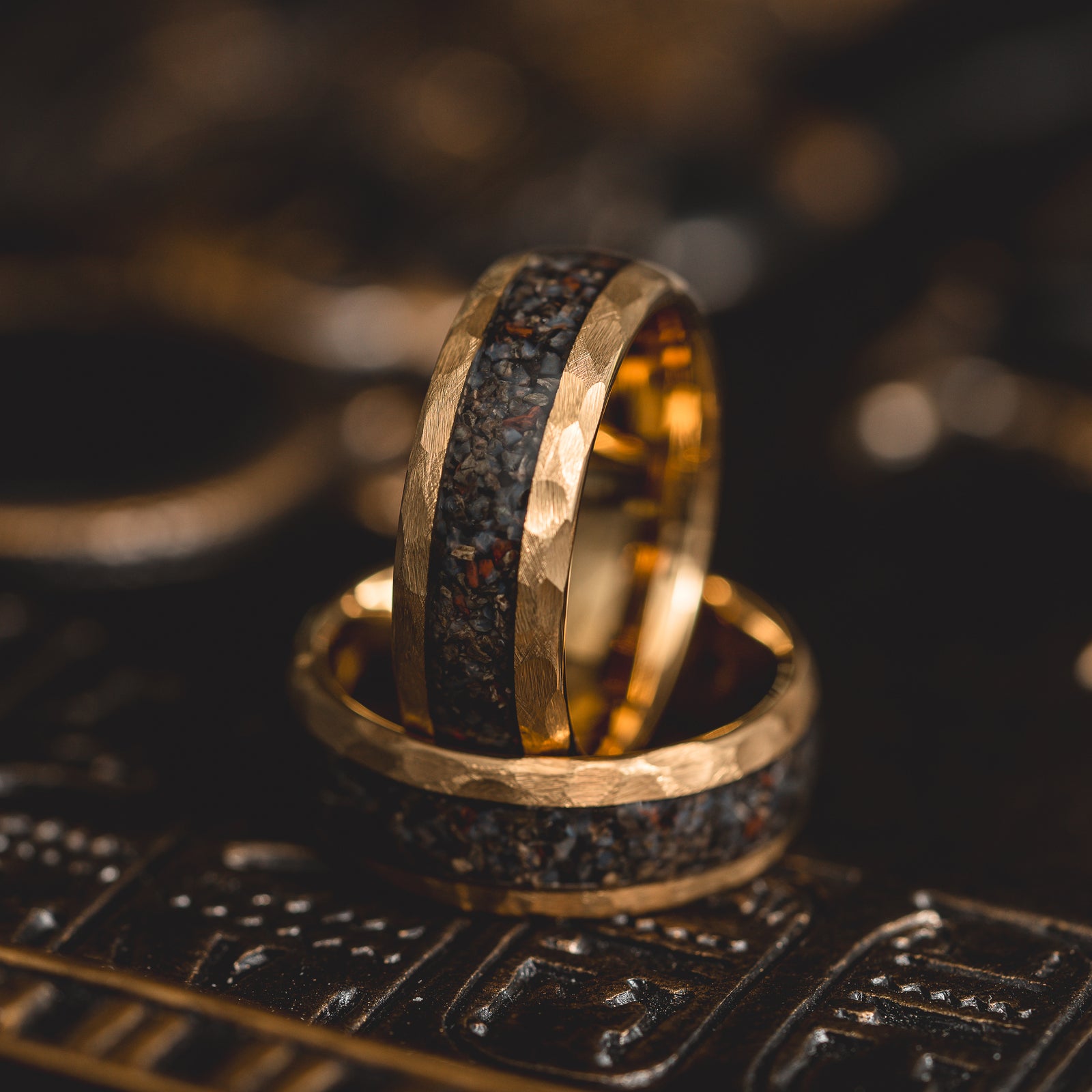 "HellCreek Ember"  Dinosaur Bone x Hammered Tungsten Carbide- Gold