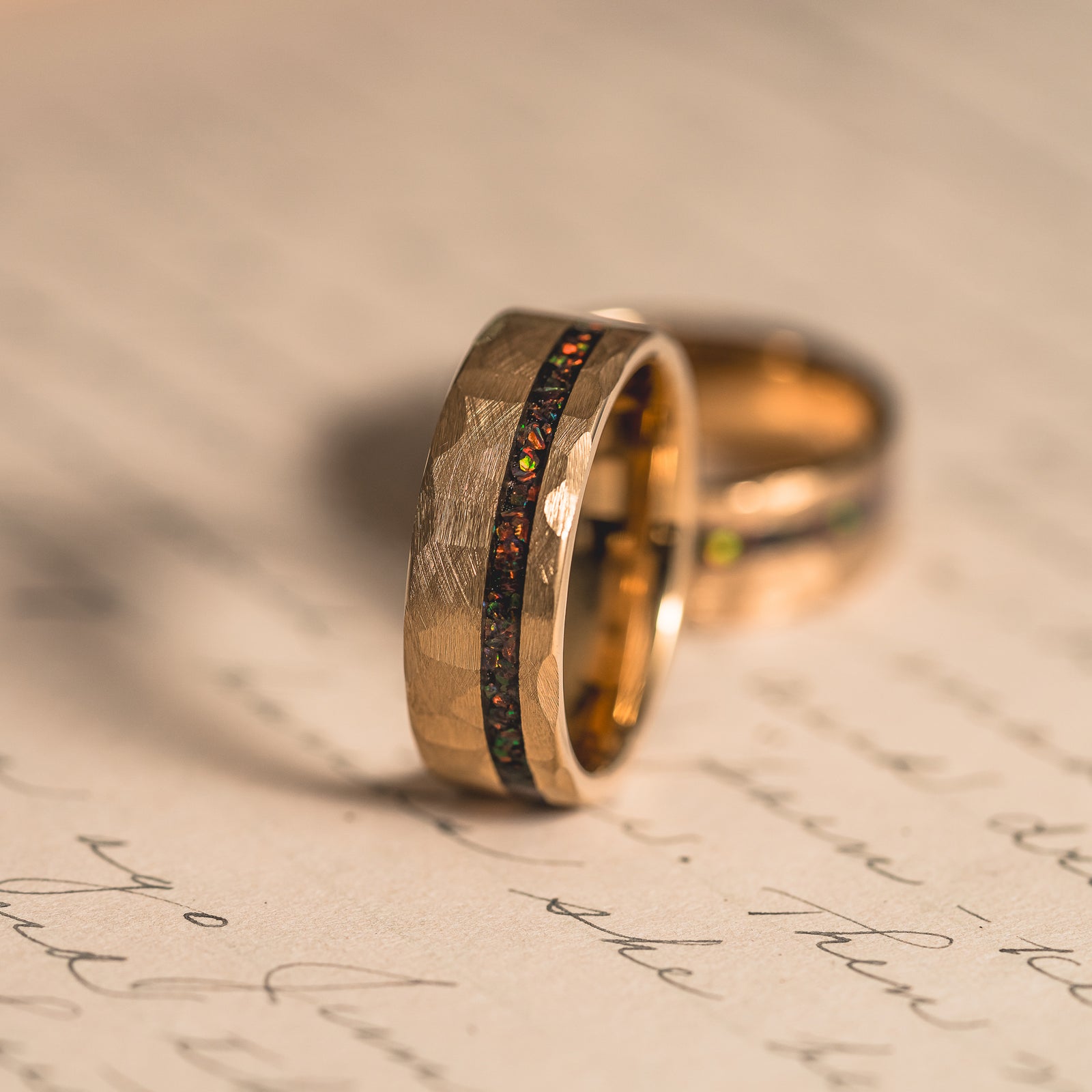 "Fire Root"  Rasta Opal x Brushed Hammered Tungsten Carbide- Gold