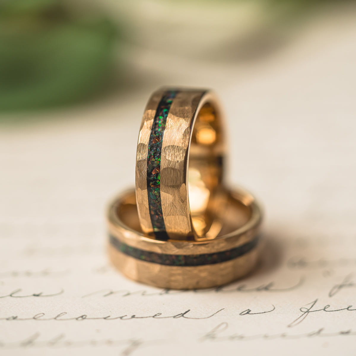 "Fire Root"  Rasta Opal x Brushed Hammered Tungsten Carbide- Gold