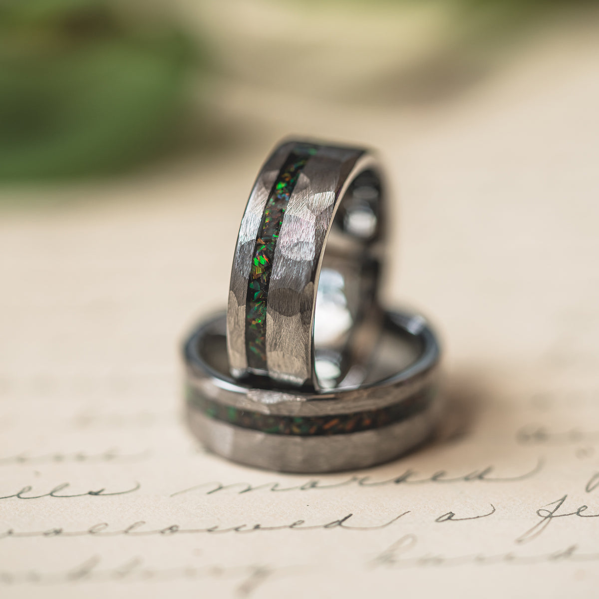 "Fire Root"  Rasta Opal x Brushed Hammered Tungsten Carbide- Silver