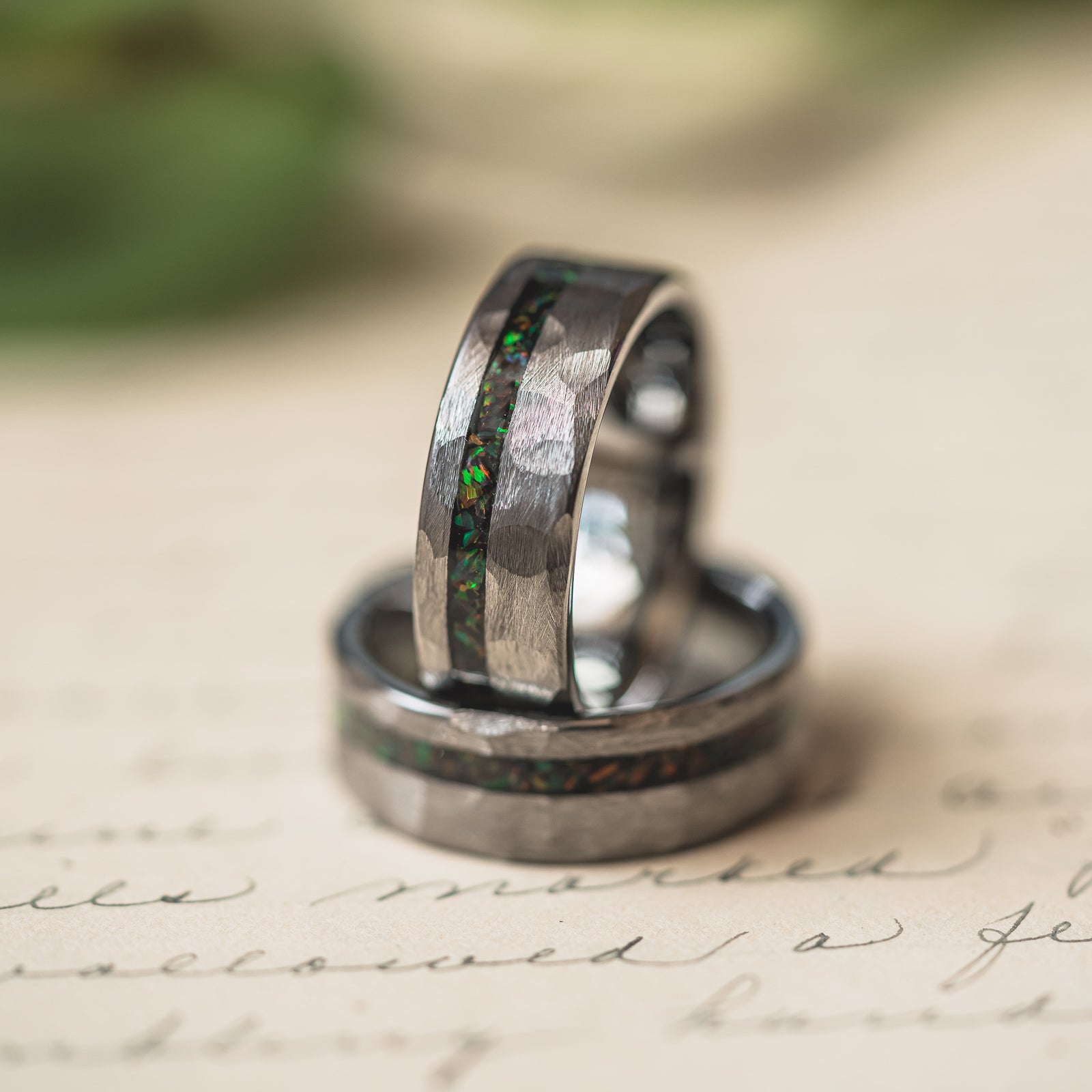 "Fire Root"  Rasta Opal x Brushed Hammered Tungsten Carbide- Silver