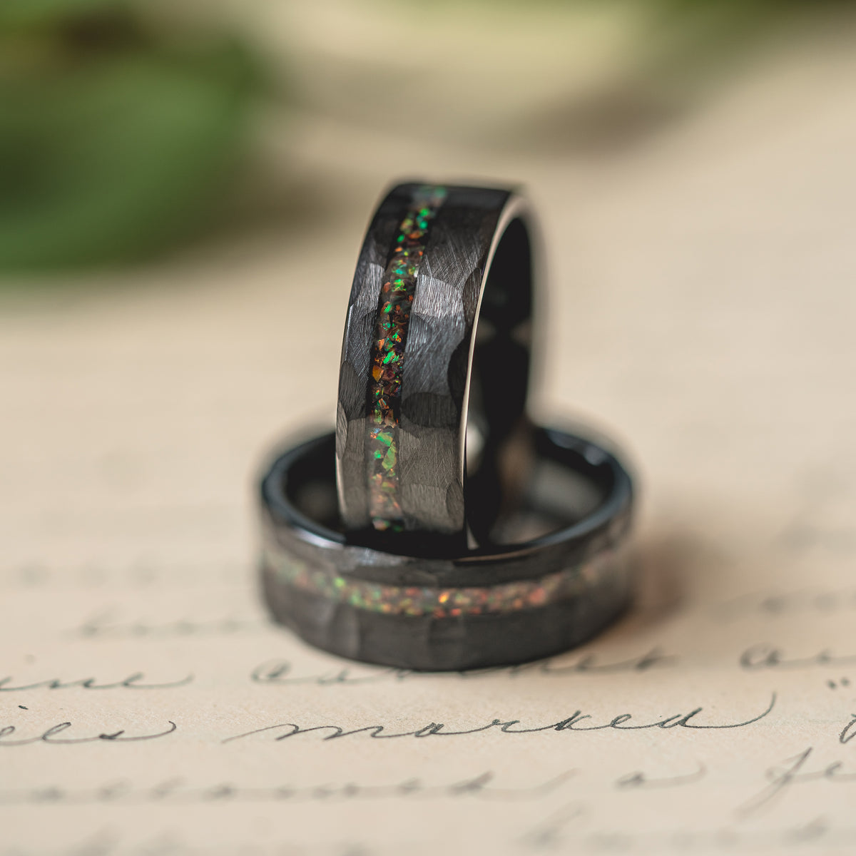 "Fire Root"  Rasta Opal x Brushed Hammered Tungsten Carbide- Black