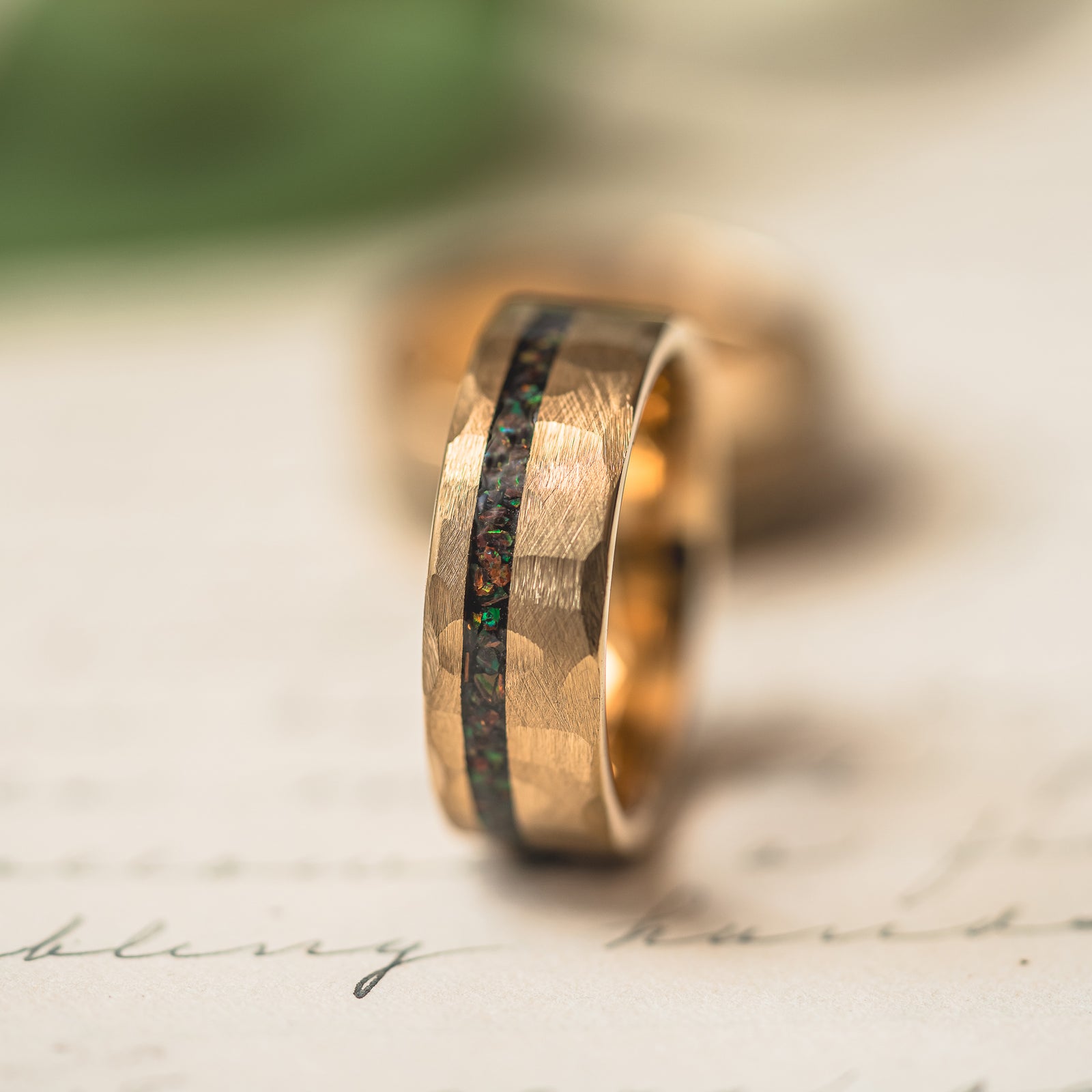 "Fire Root"  Rasta Opal x Brushed Hammered Tungsten Carbide- Gold