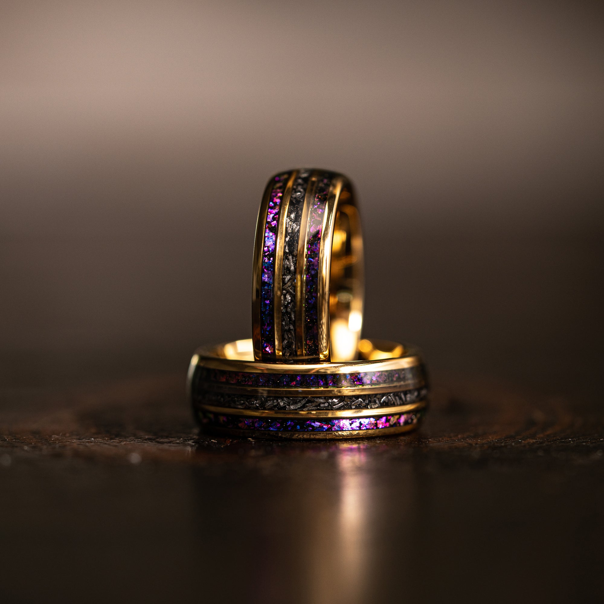 "Dionysus" Domed Nebula Ring- Meteorite and Opal- Gold 8mm