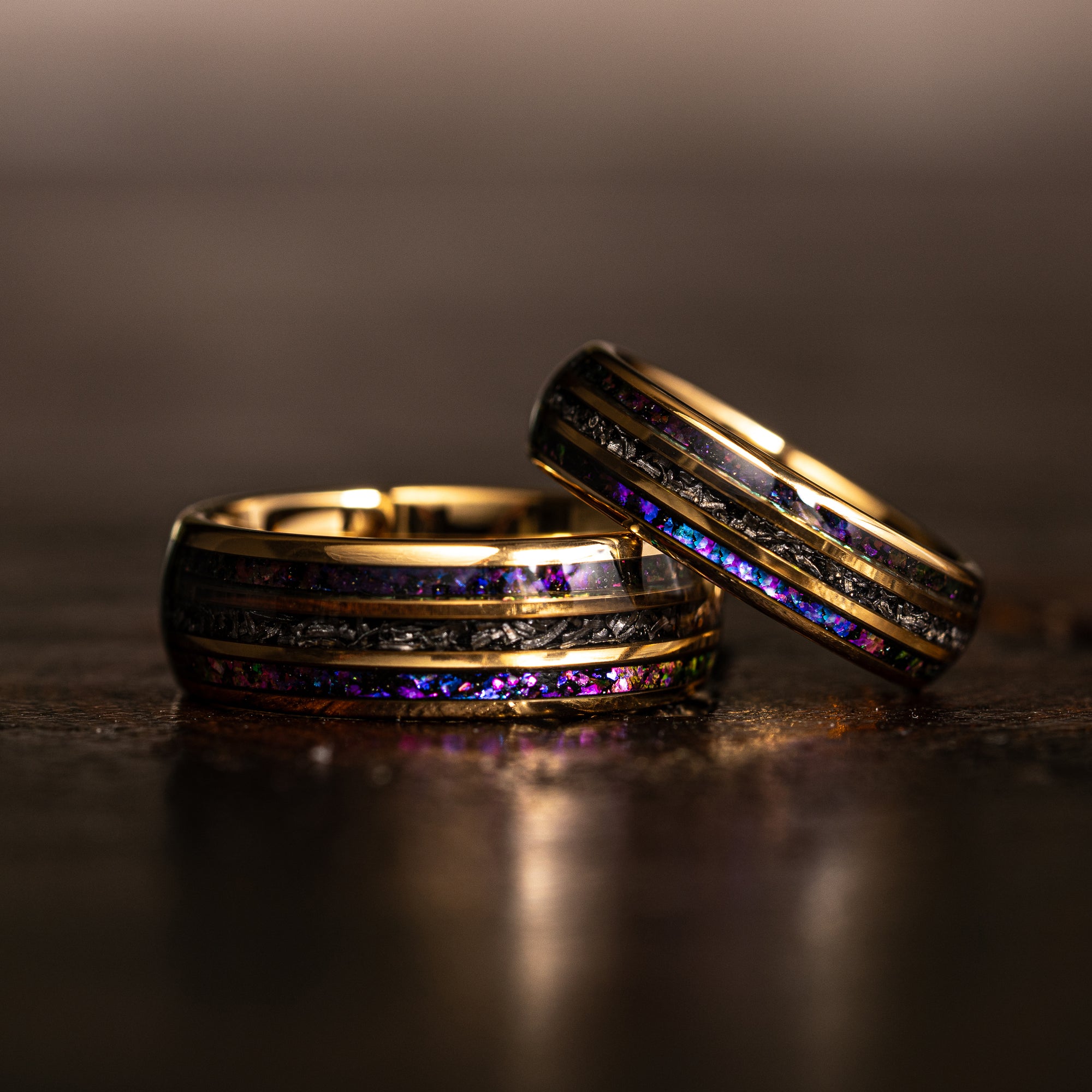 "Dionysus" Domed Nebula Ring- Meteorite and Opal- Gold 8mm