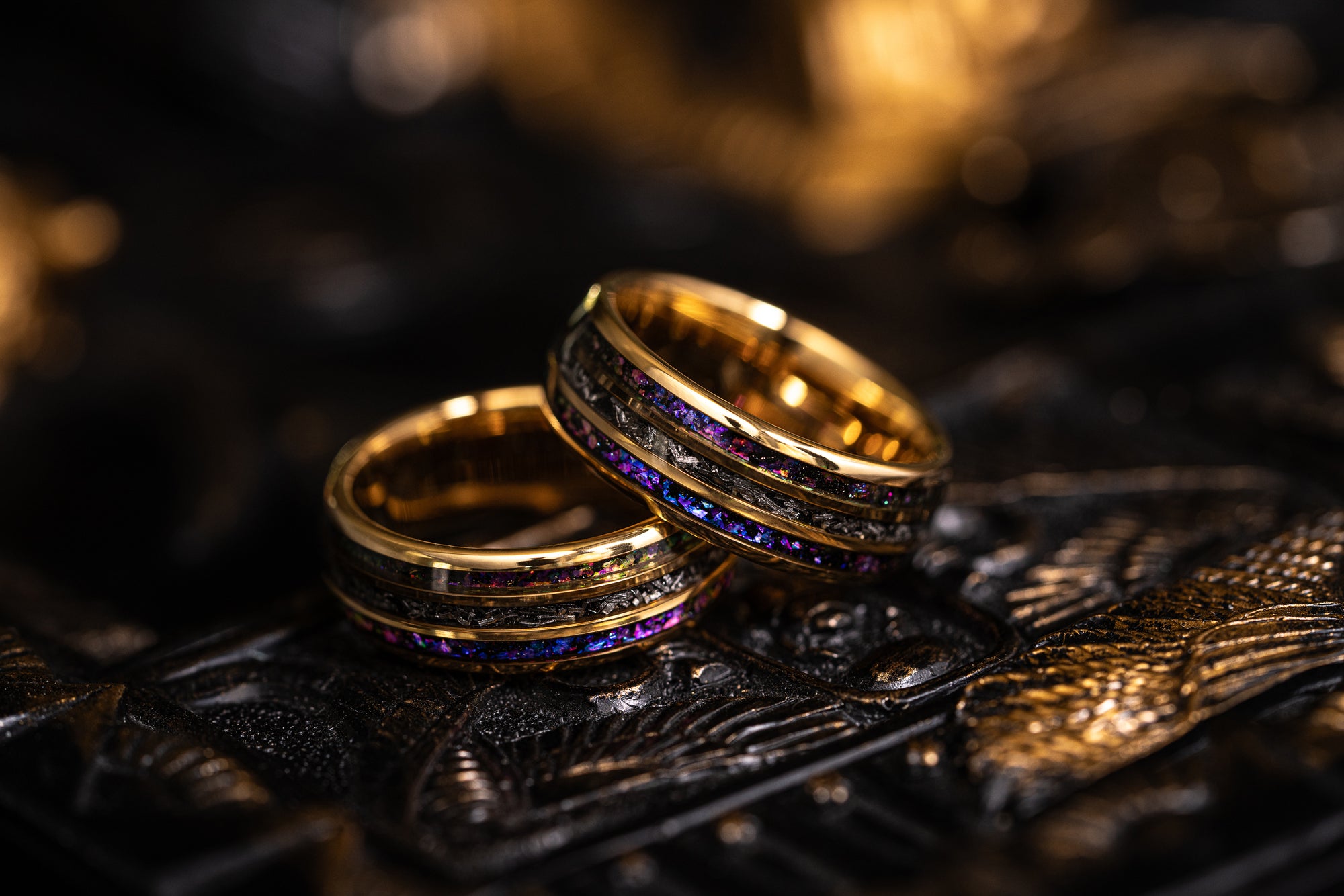 "Dionysus" Domed Nebula Ring- Meteorite and Opal- Gold 8mm