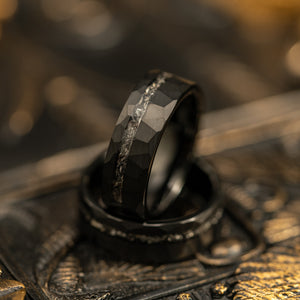 "Zeus" Hammered Tungsten Carbide Ring- Black w/ Meteorite- 8mm