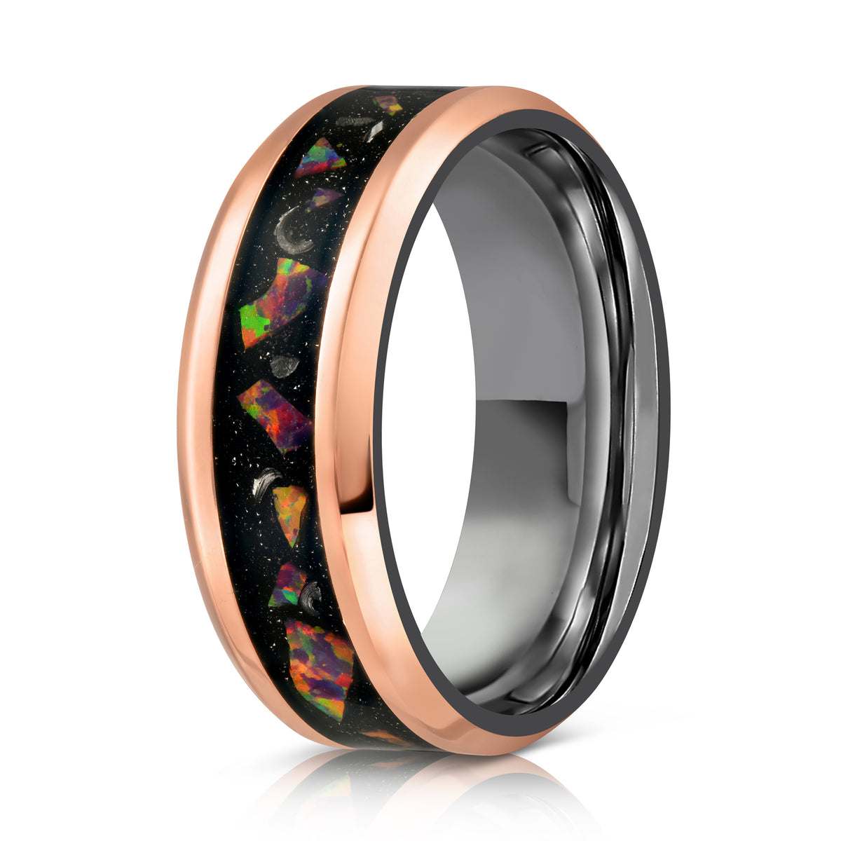 &quot;Hades&quot; Hammered Rose Gold / Black Zirconium x Galactic Opal - Meteorite - 8mm