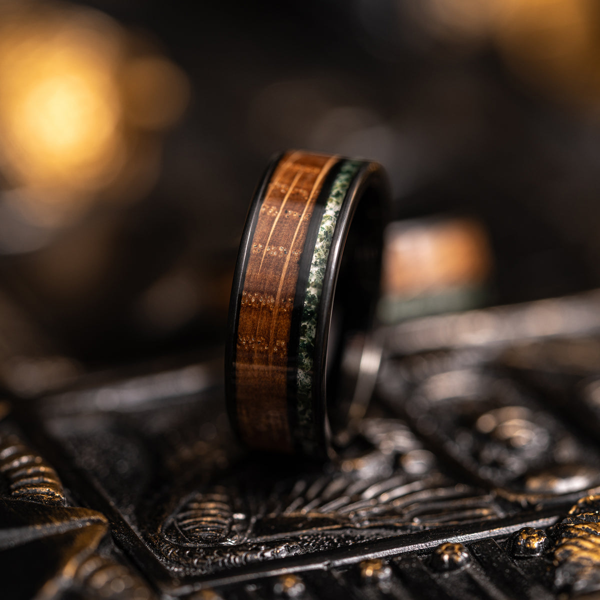 &quot;Atlas&quot;  Whisky Barrel x Moss Agate Black Tungsten Ring