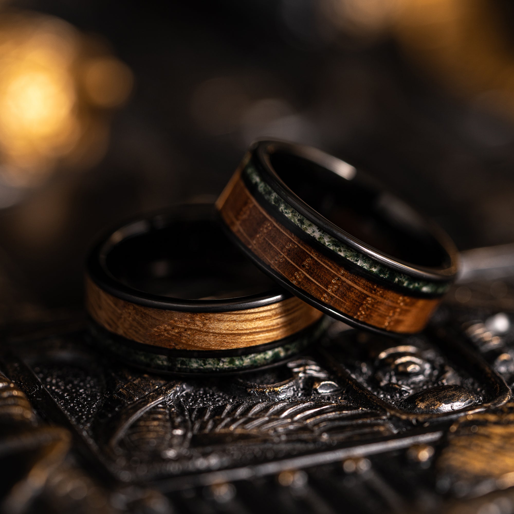 "Atlas"  Whisky Barrel x Moss Agate Black Tungsten Ring