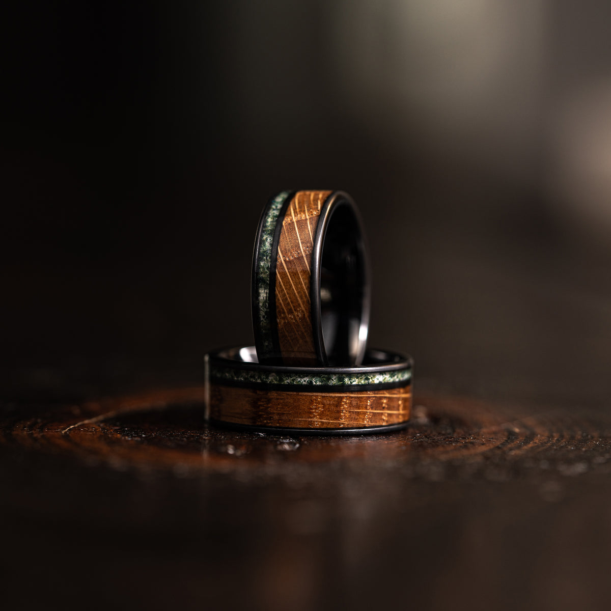 "Atlas"  Whisky Barrel x Moss Agate Black Tungsten Ring