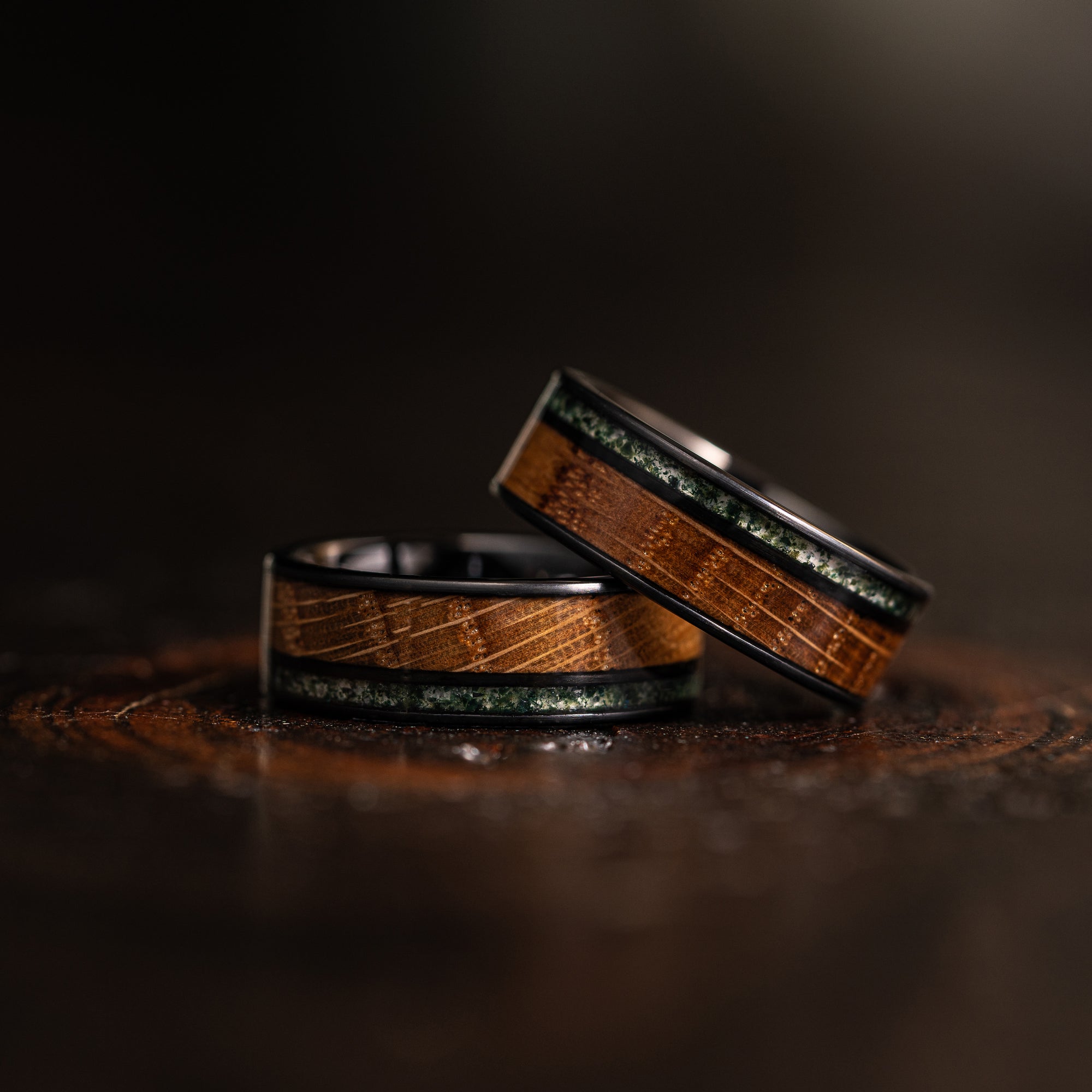 "Atlas"  Whisky Barrel x Moss Agate Black Tungsten Ring