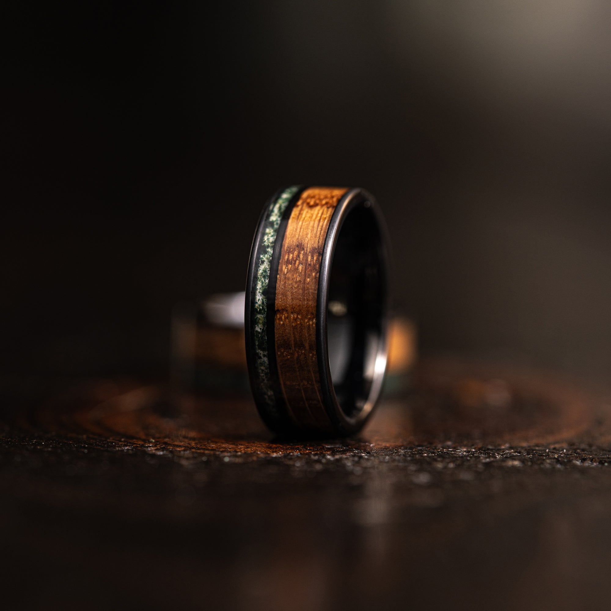 "Atlas"  Whisky Barrel x Moss Agate Black Tungsten Ring