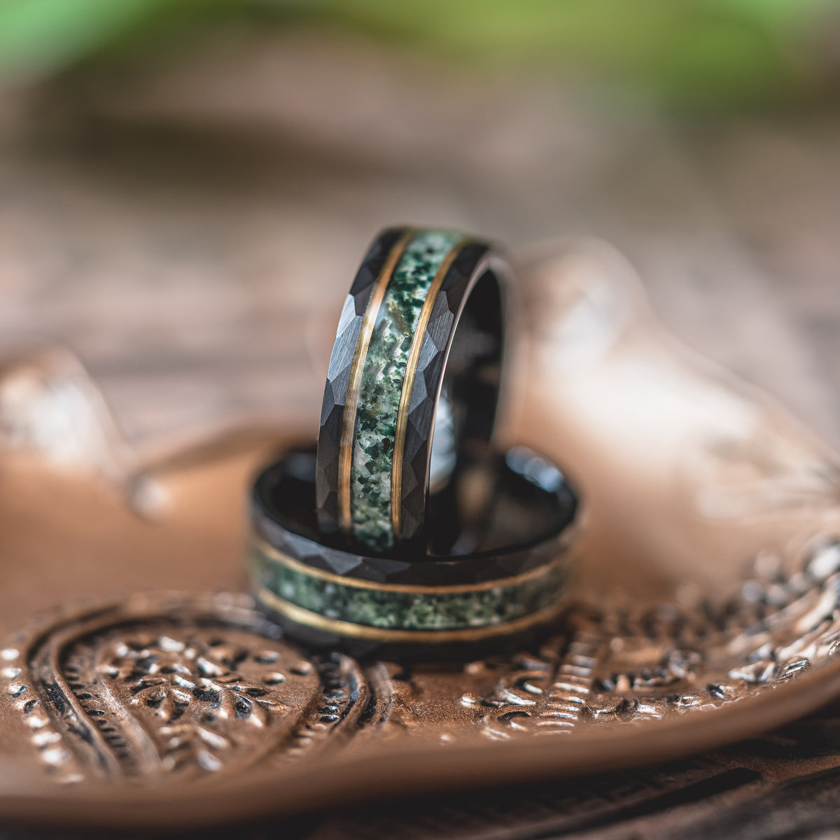 "Verdant Hollow"  Moss Agate x Emerald x Black/Gold Tungsten