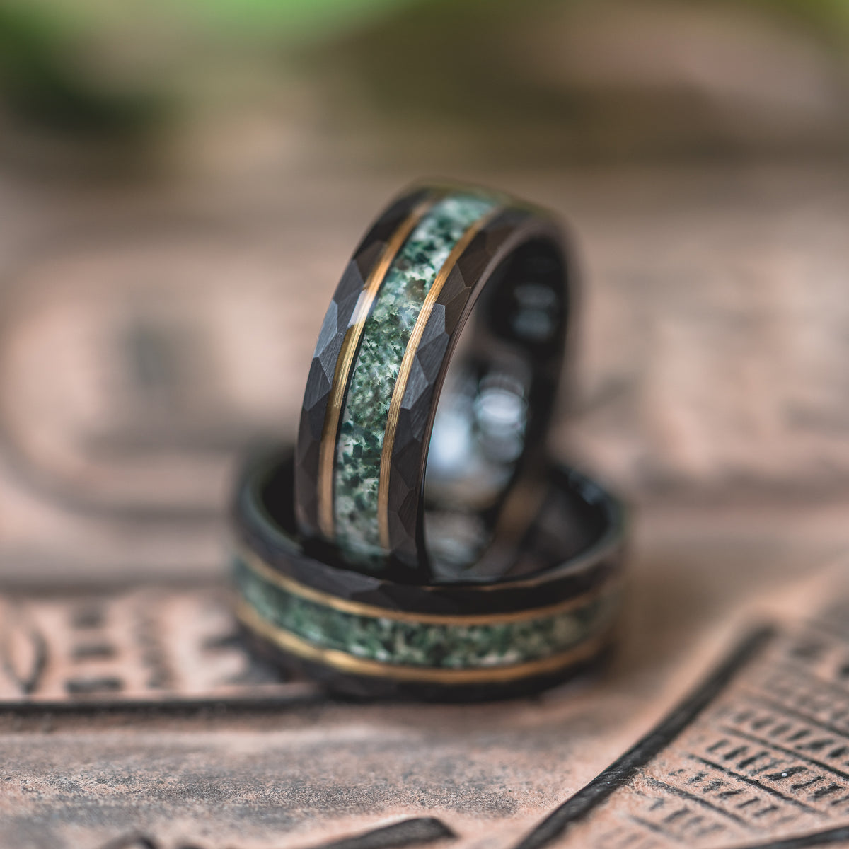 "Verdant Hollow"  Moss Agate x Emerald x Black/Gold Tungsten