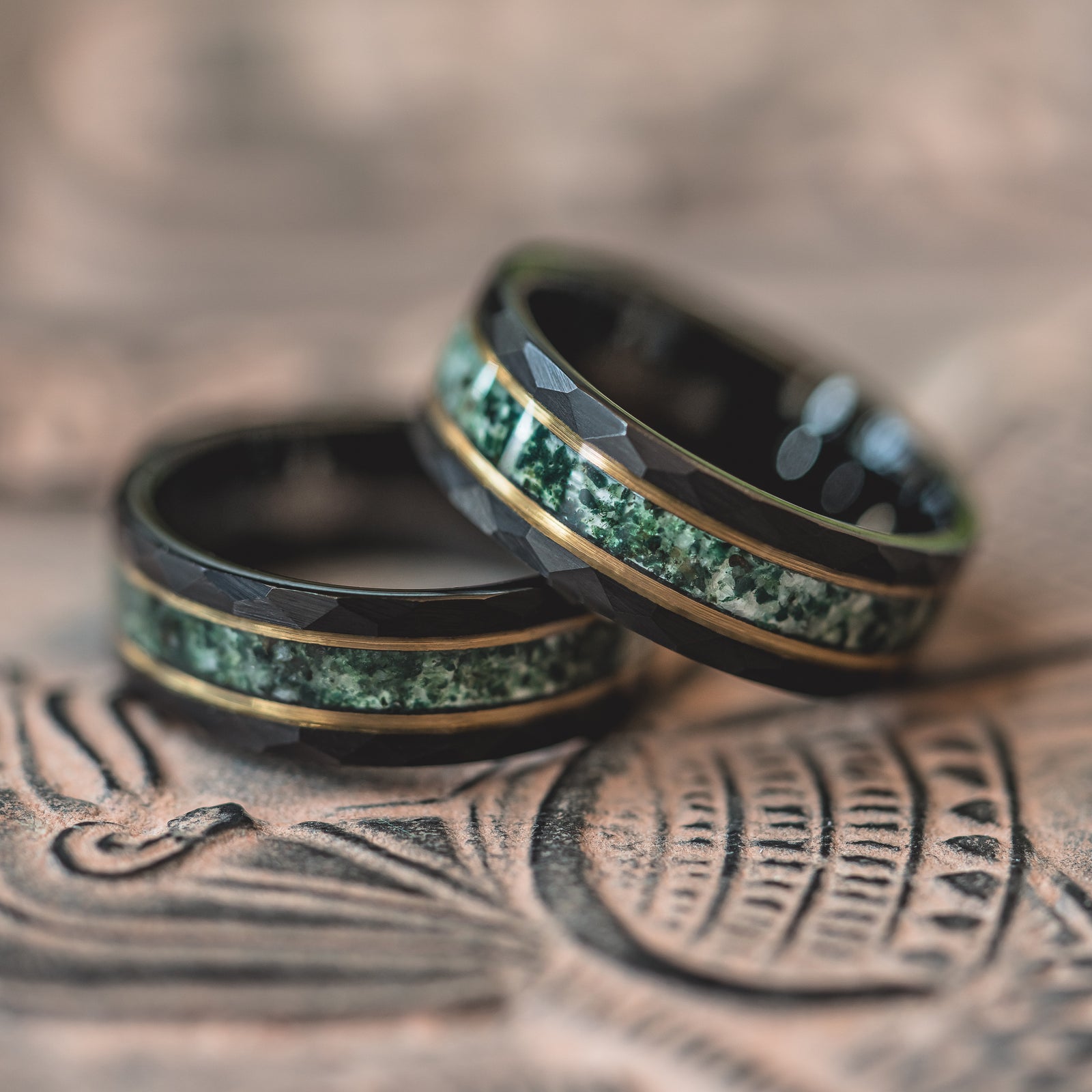 "Verdant Hollow"  Moss Agate x Emerald x Black/Gold Tungsten