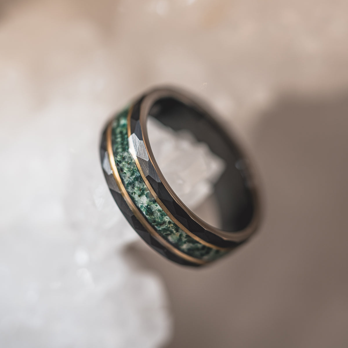 "Verdant Hollow"  Moss Agate x Emerald x Black/Gold Tungsten
