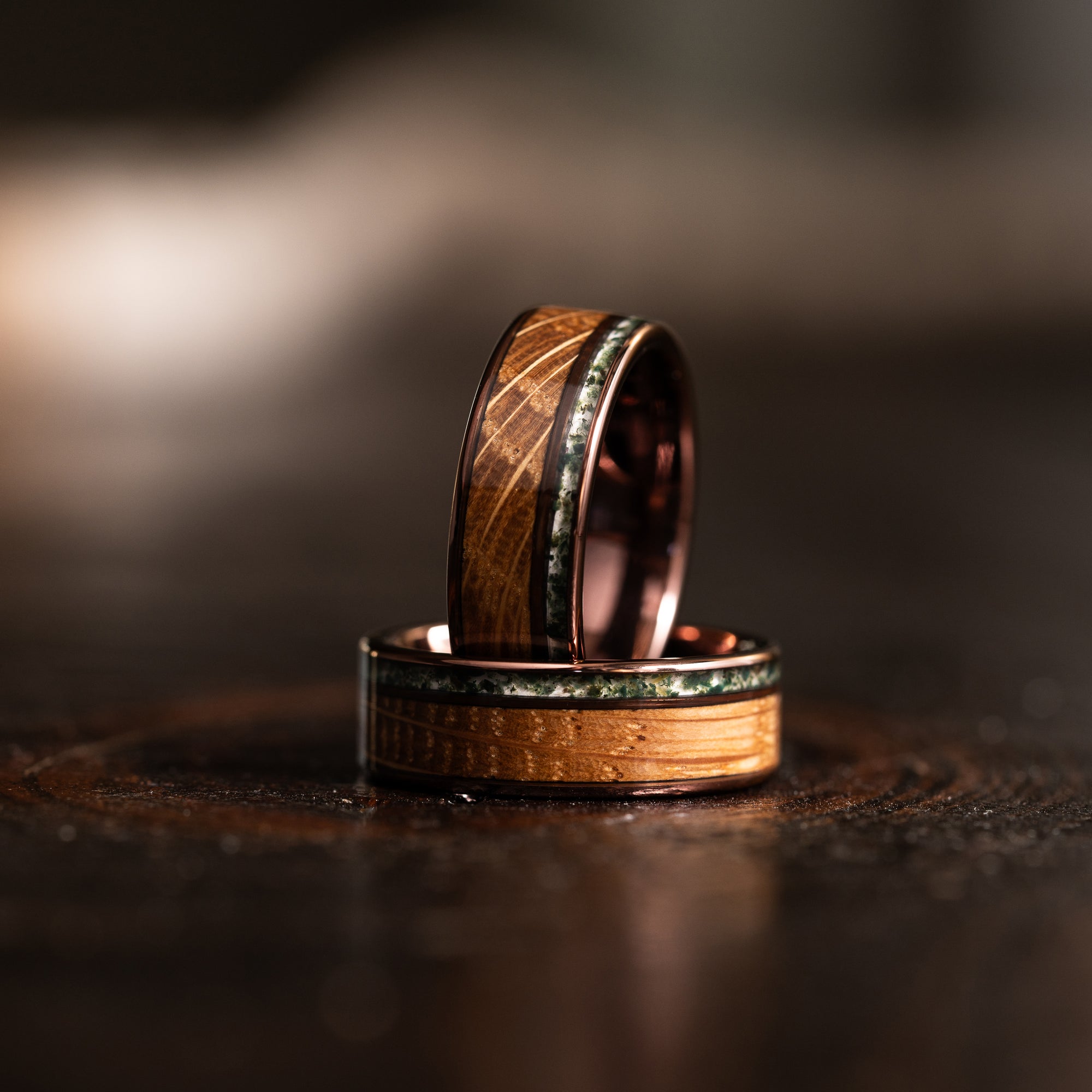 "Atlas"  Whisky Barrel x Moss Agate Smoked Rose Tungsten Ring