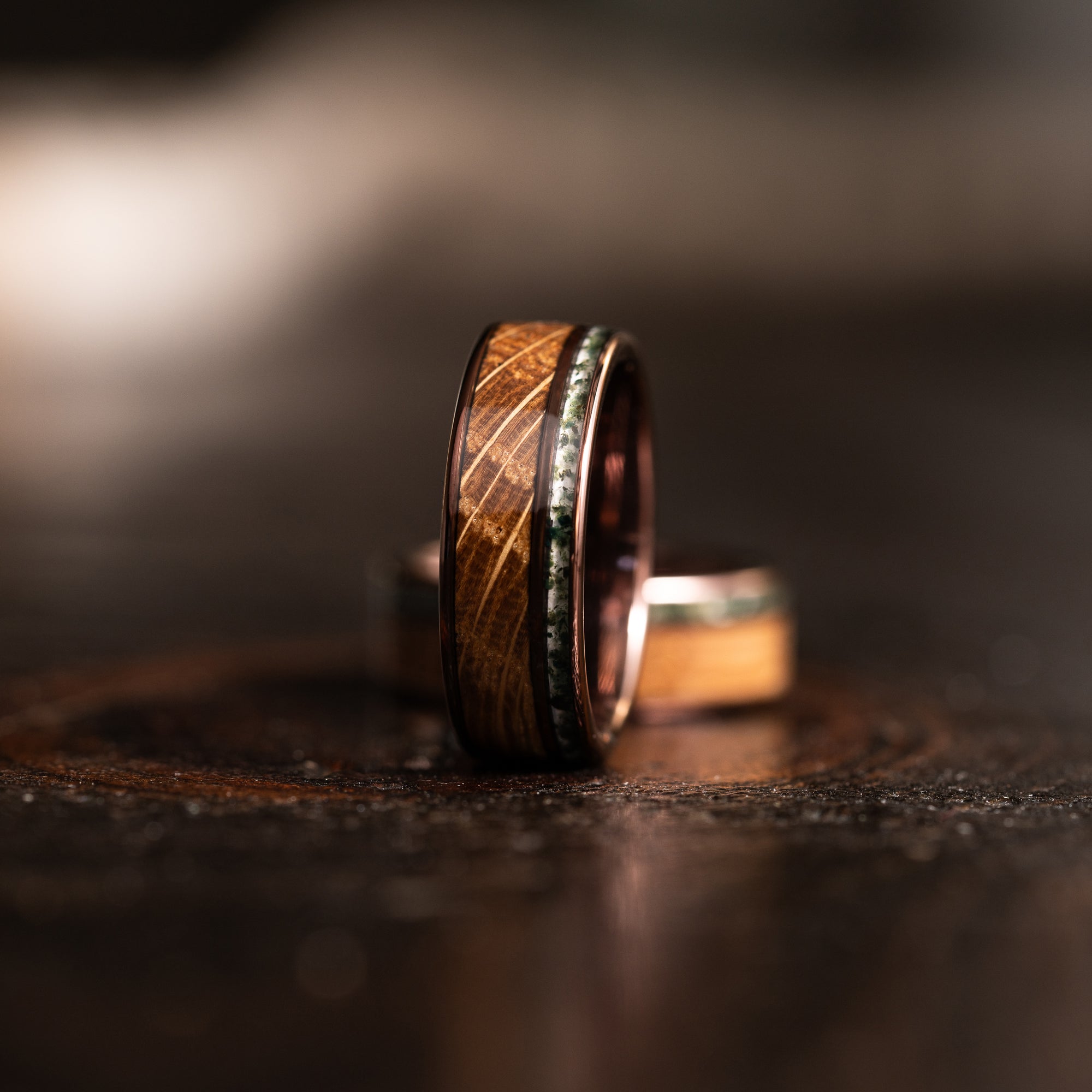 "Atlas"  Whisky Barrel x Moss Agate Smoked Rose Tungsten Ring