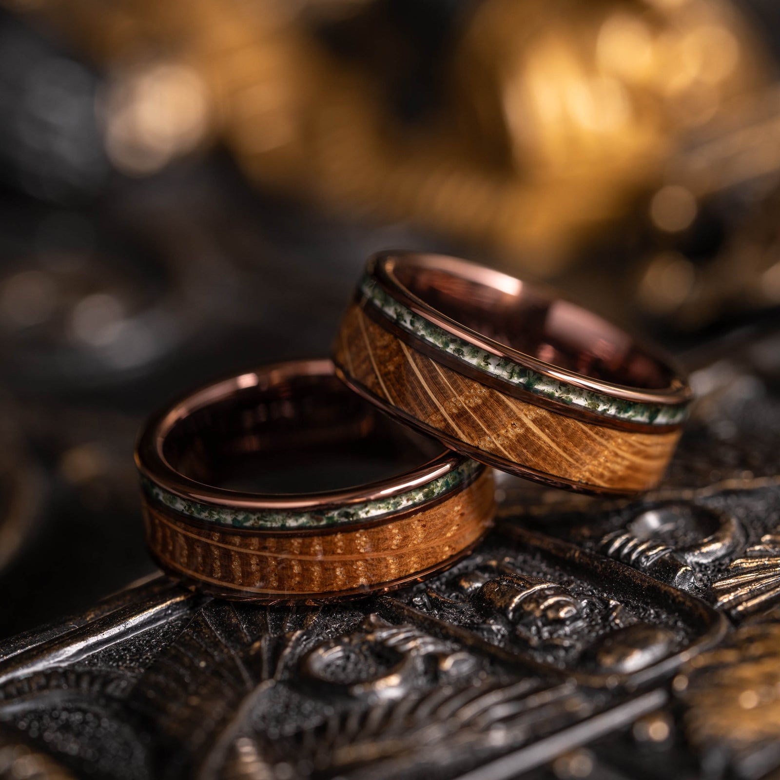 "Atlas"  Whisky Barrel x Moss Agate Smoked Rose Tungsten Ring