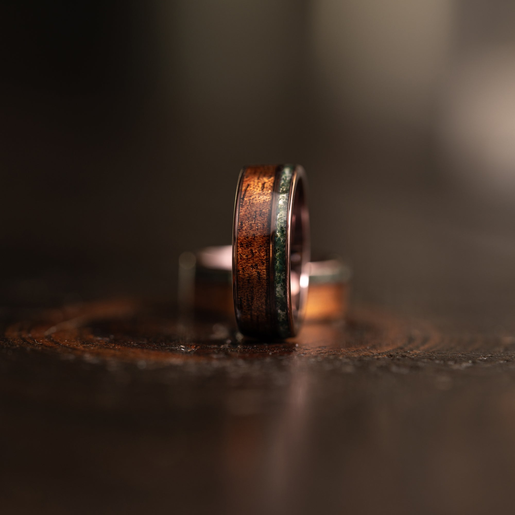 "Atlas"  Koa Wood x Moss Agate Smoked Rose Gold Tungsten Ring