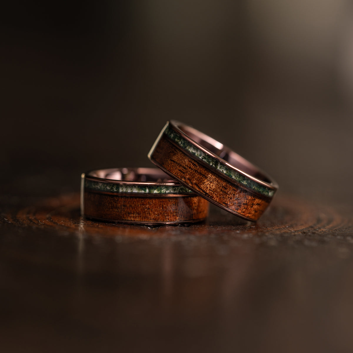 &quot;Atlas&quot;  Koa Wood x Moss Agate Smoked Rose Gold Tungsten Ring