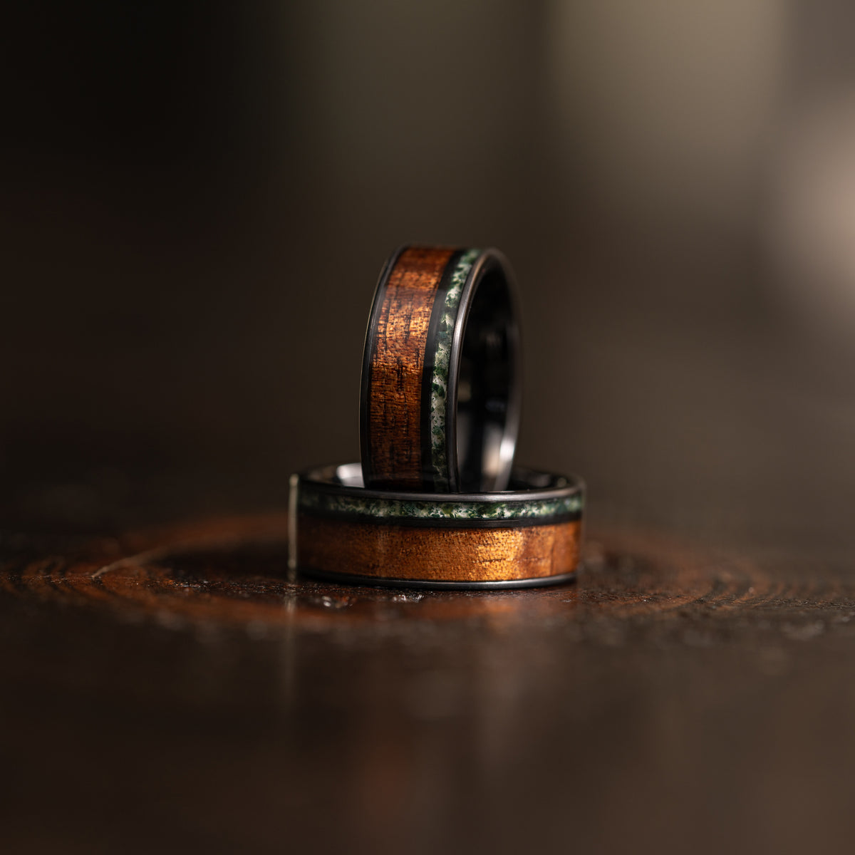 &quot;Atlas&quot;  Koa Wood x Moss Agate Black Tungsten Ring