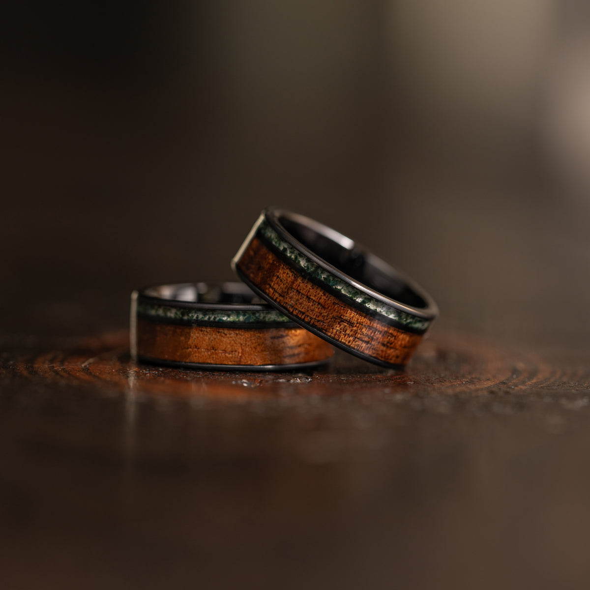 "Atlas"  Koa Wood x Moss Agate Black Tungsten Ring