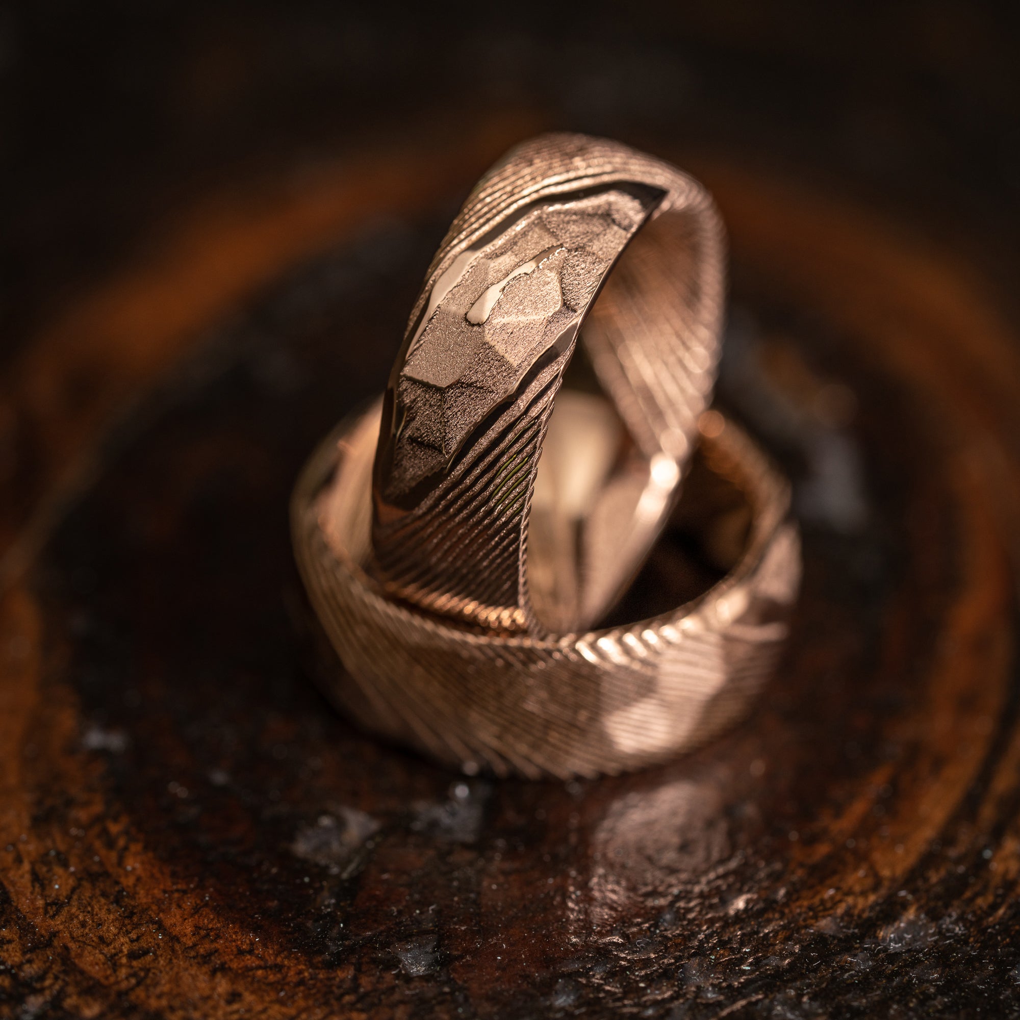 Hammered "Poseidon" Rose Gold Steel Ring- Full Polish