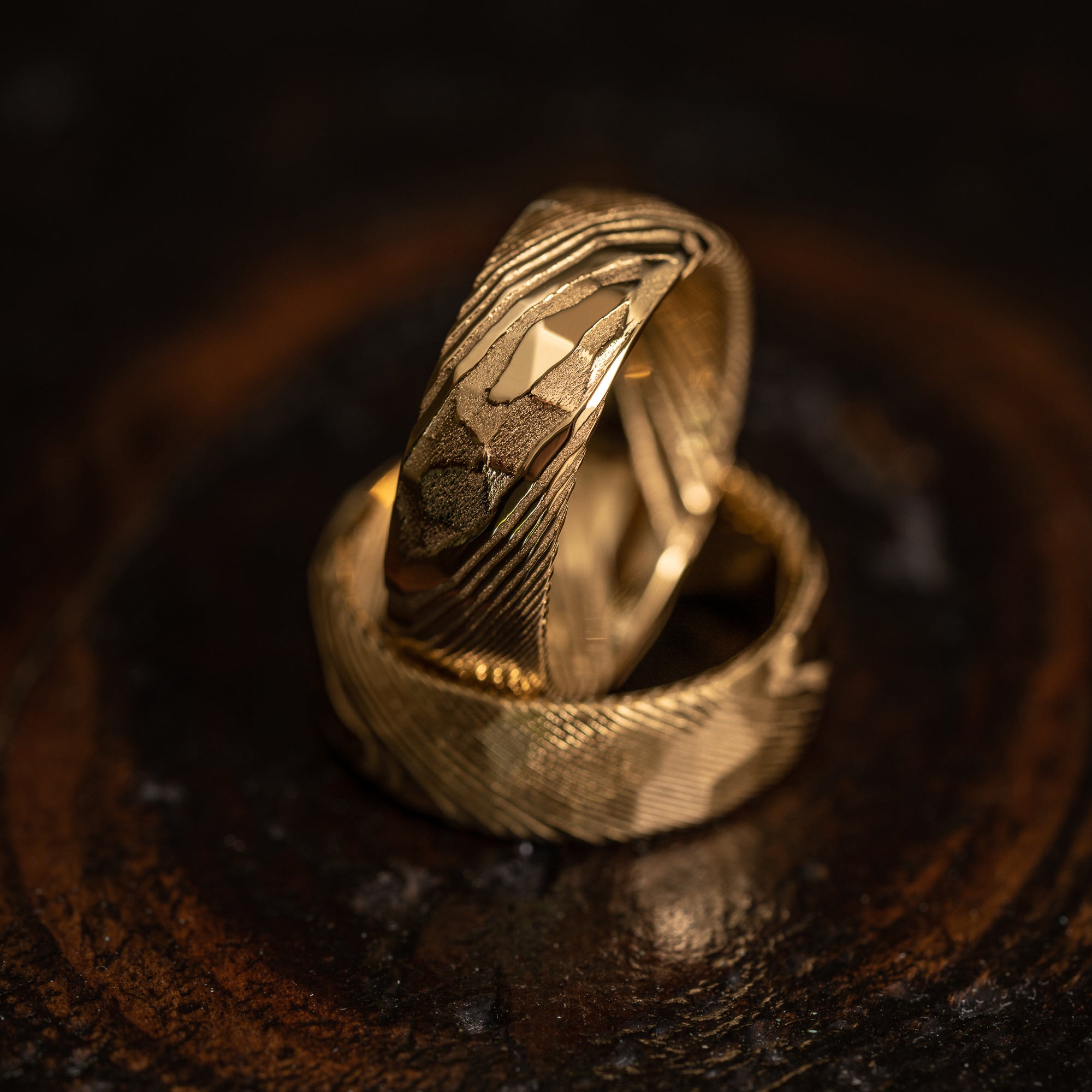 Hammered "Poseidon"  Steel Ring- Full Polish Gold Plate