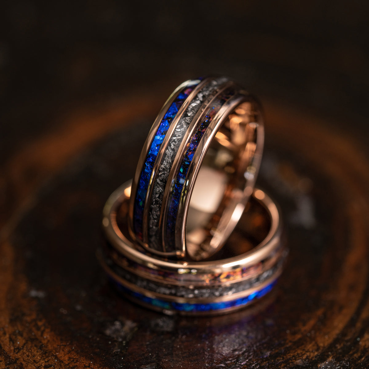 &quot;Dionysus&quot; Domed Nebula Ring- Meteorite and Opal- Rose Gold Tungsten 6mm/8mm