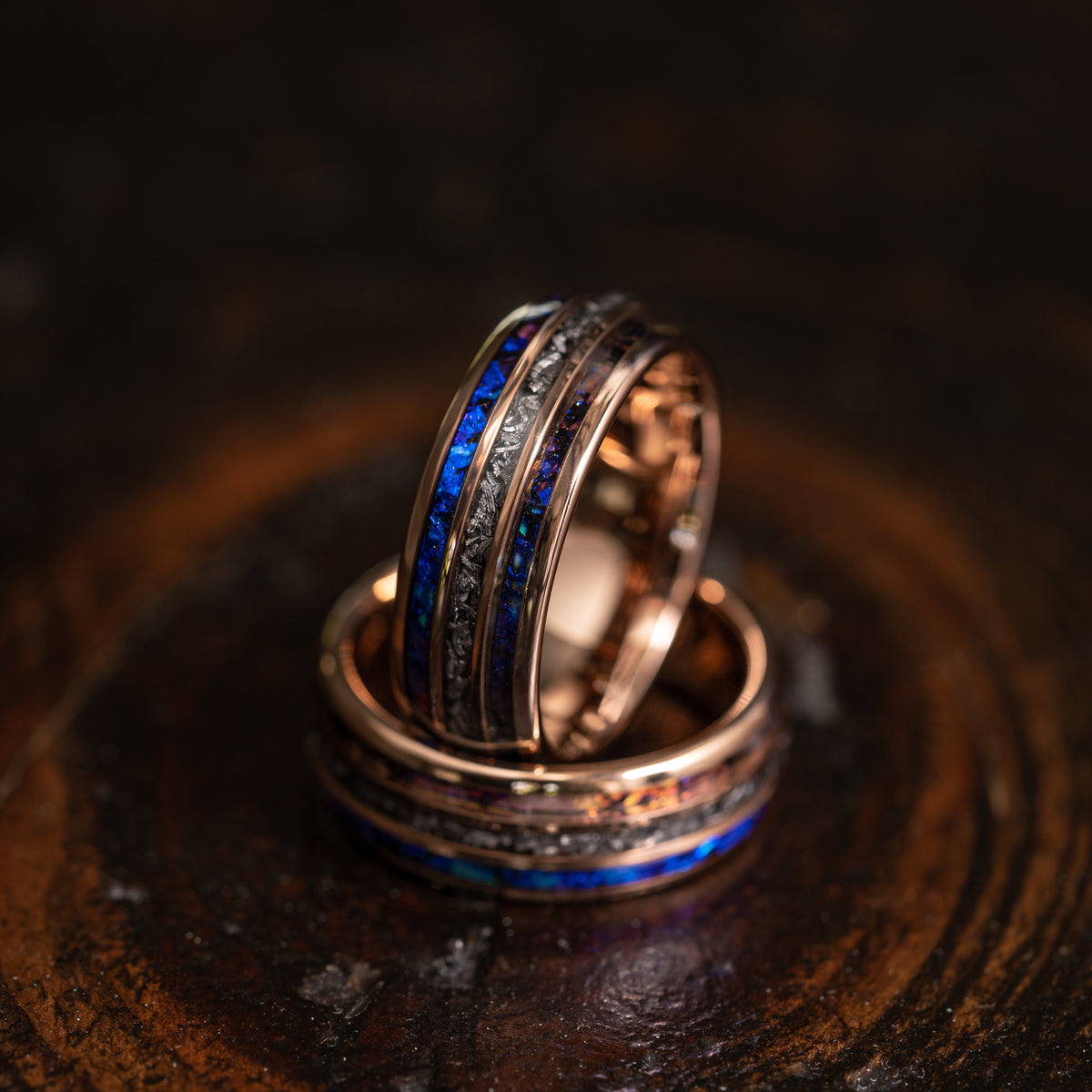 "Dionysus" Domed Nebula Ring- Meteorite and Opal- Rose Gold Tungsten 6mm/8mm