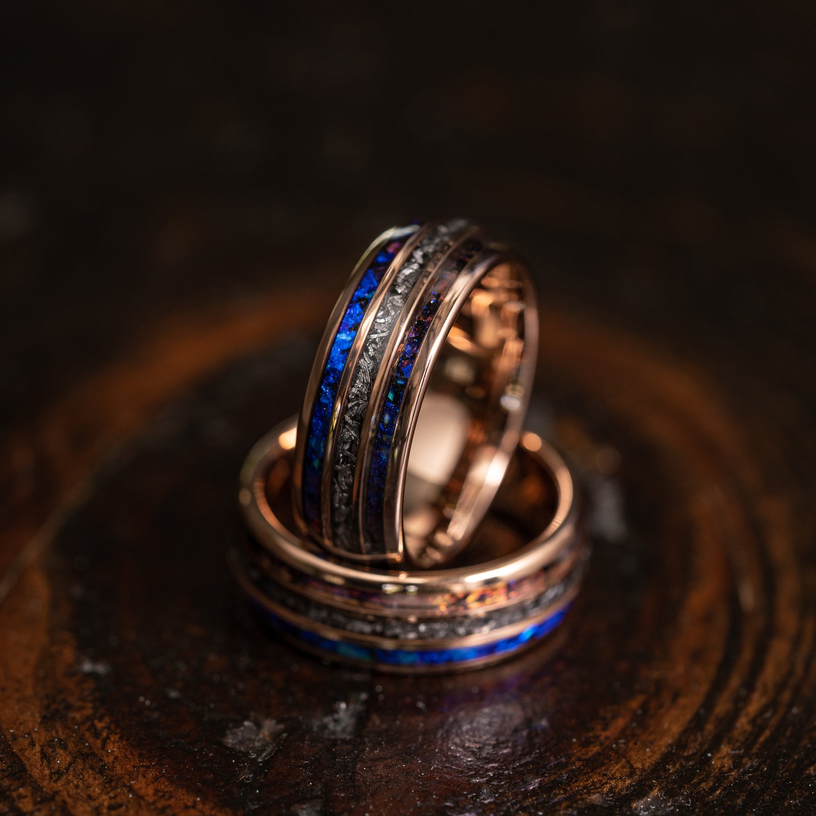 "Dionysus" Domed Nebula Ring- Meteorite and Opal- Rose Gold Tungsten 6mm/8mm