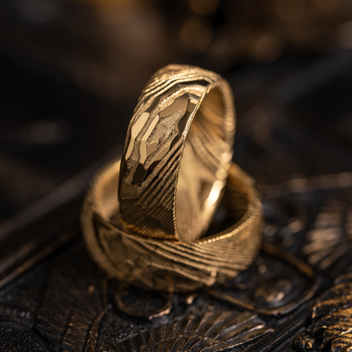 Hammered &quot;Poseidon&quot;  Steel Ring- Full Polish Gold Plate