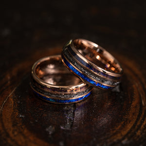 "Dionysus" Domed Nebula Ring- Meteorite and Opal- Rose Gold Tungsten 8mm