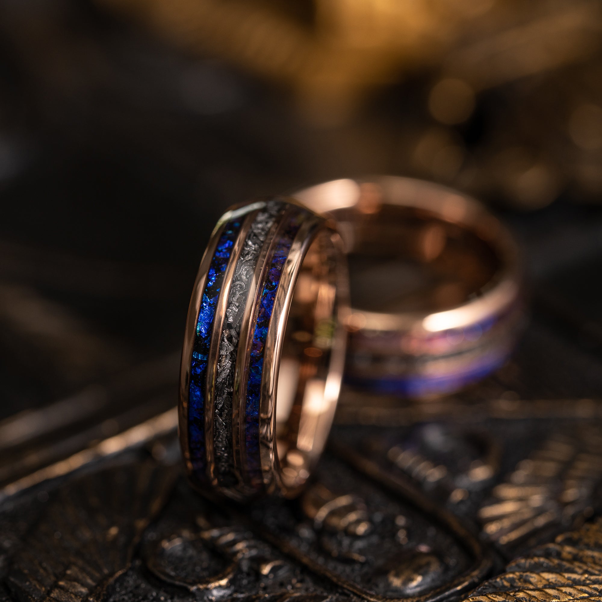 "Dionysus" Domed Nebula Ring- Meteorite and Opal- Rose Gold Tungsten 6mm/8mm