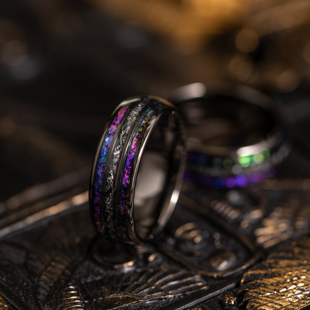 &quot;Dionysus&quot; Domed Nebula Ring- Meteorite and Opal- Gunmetal 6mm/8mm