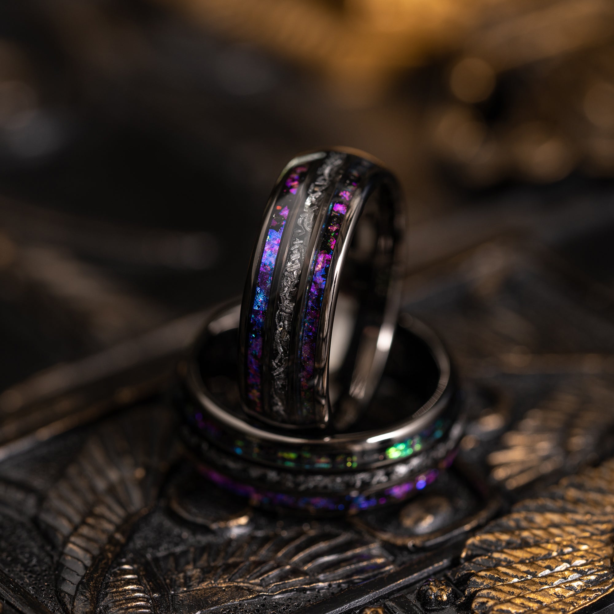 "Dionysus" Domed Nebula Ring- Meteorite and Opal- Gunmetal 6mm/8mm