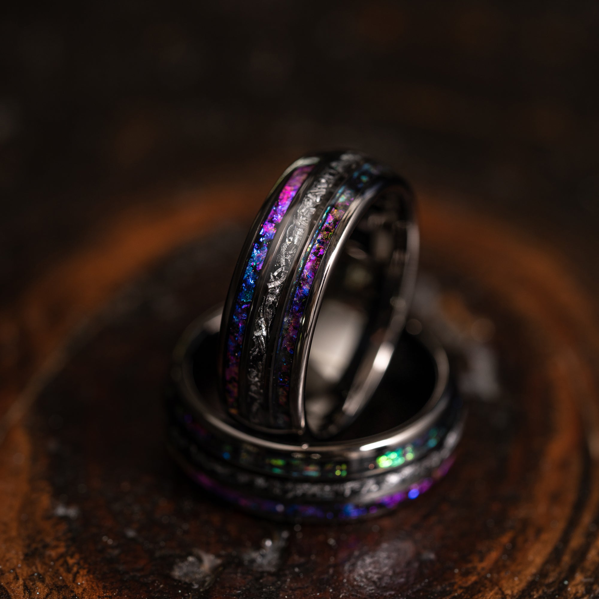 "Dionysus" Domed Nebula Ring- Meteorite and Opal- Gunmetal 6mm/8mm