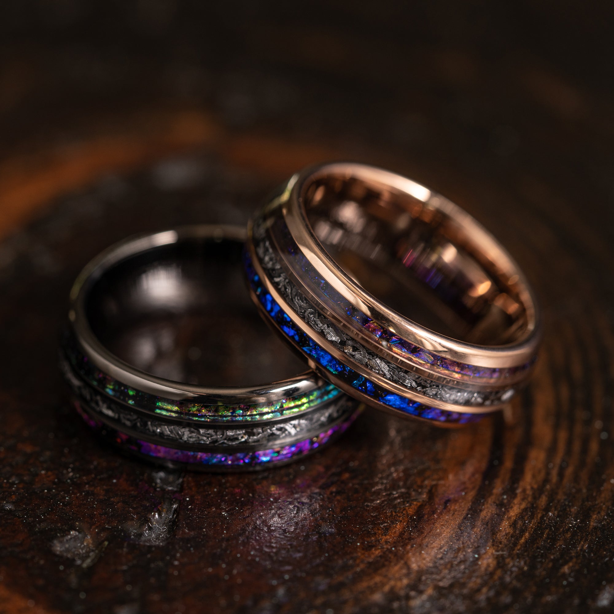 "Dionysus" Domed Nebula Ring- Meteorite and Opal- Gunmetal 6mm/8mm