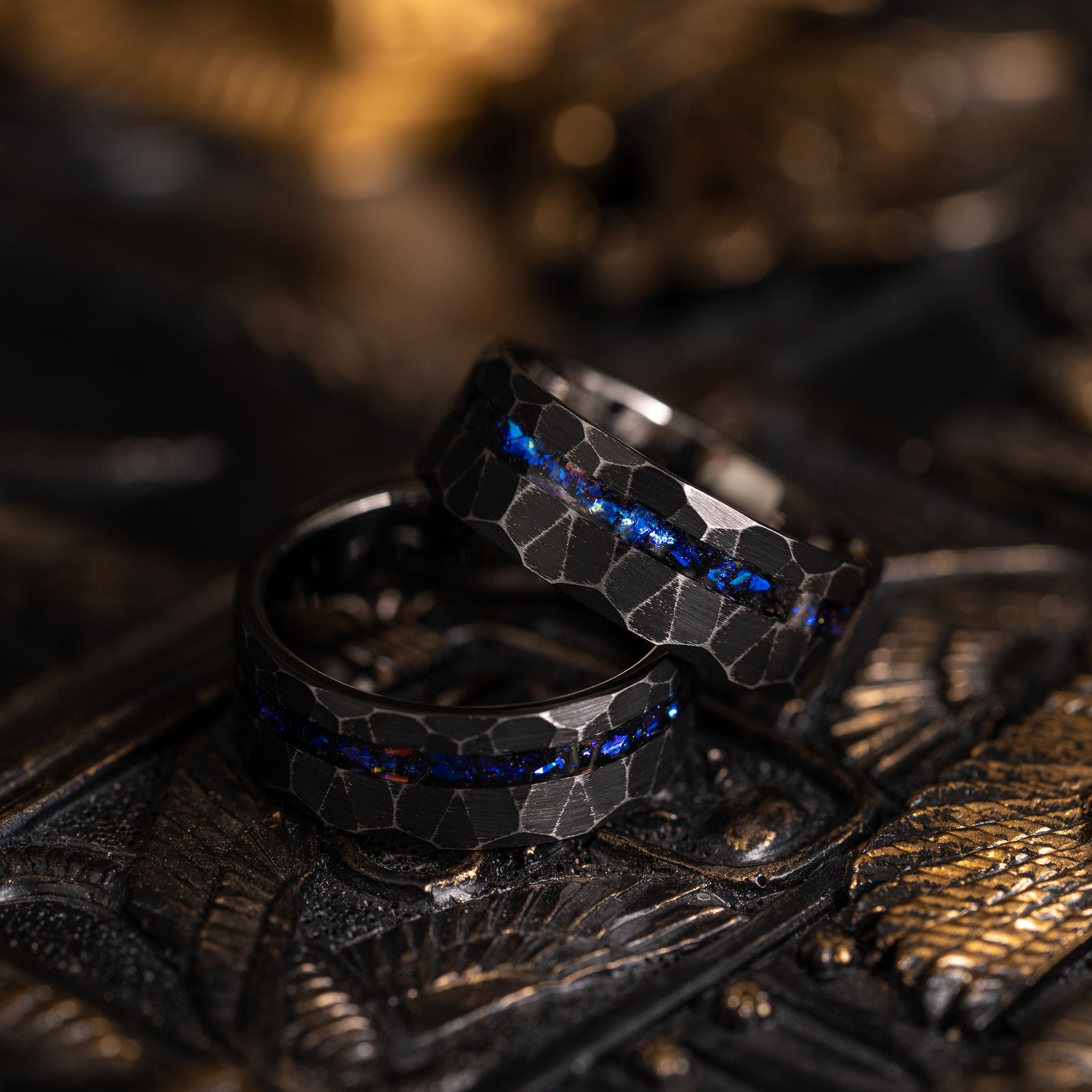 "Zeus" Distressed Hammered Nebula Ring- Opal- Black 8mm